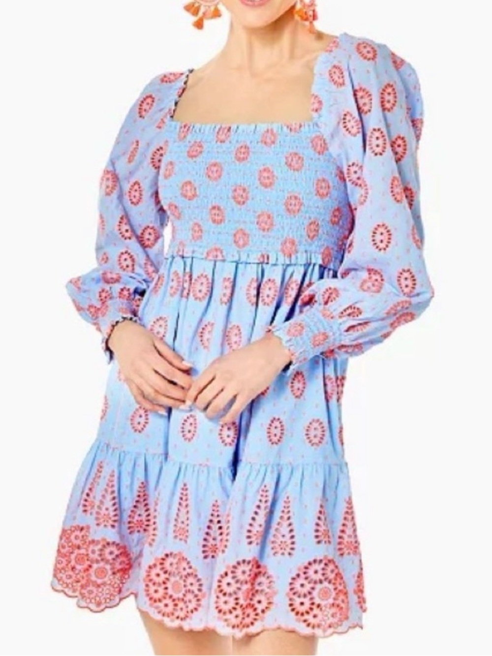 Lilly Pulitzer Sky-Blue Mini Dress with Coral Eyelet Motif